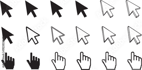 Collection of mouse pointer and hand cursor icons in various styles and orientations for user interface design