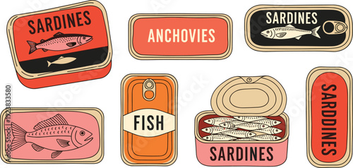 Sardines and anchovies tin can set. Retro canned fish packaging labels collection. Vintage seafood design isolated on transparent background.