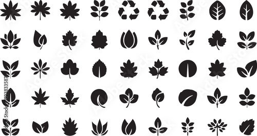 Collection of diverse black leaf silhouettes in various shapes and sizes arranged in a grid on a white background for design and creative projects.