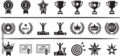 Collection of black award symbols including trophies, ribbons, medals, and certificates representing achievement and success on a white background.