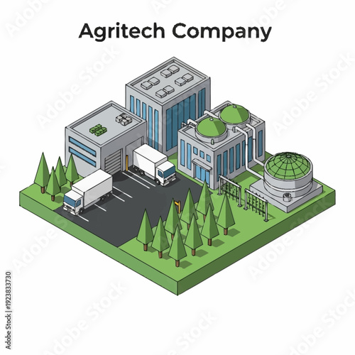 Isometric illustration of an Agritech company facility with modern buildings and vehicles.