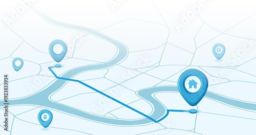 Navigation and GPS system. Moving banner with digital map and pins showing various city locations and directions. Geolocation and pinpoint. Flat graphic animated cartoon