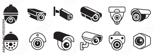 CCTV Vector Icon Set, Camera Illustration Signs, Monitoring Symbol Collection, Surveillance Logo Icons, Flat Security Design