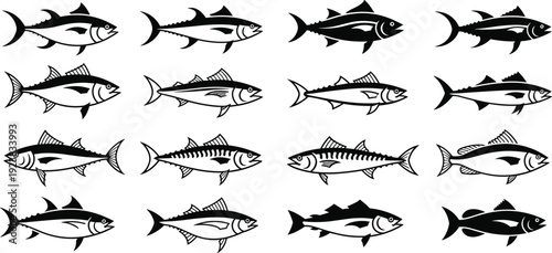 Tuna fish silhouette collection set. Black and white marine species icons in flat style. Commercial seafood illustration isolated on transparent background.