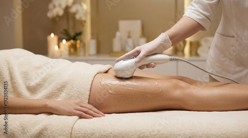 Close-up of a woman undergoing professional radiofrequency body contouring and anti-cellulite treatment in a modern beauty salon