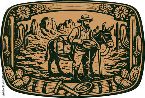 Desert Prospector Mule Vintage Belt Buckle Vector