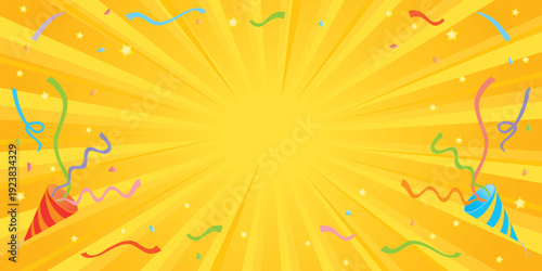 パーティークラッカーと黄色い集中線の背景
