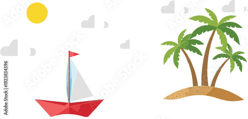 Tropical Island Scene with Palm Trees, Sun, Clouds, and Red Paper Boat Sailing on Calm Ocean in Flat Cartoon Illustration Style