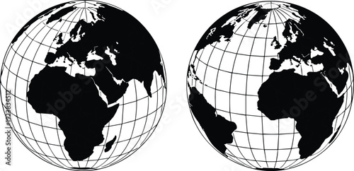 Detailed World Globe Map Hemispheres Vector with Latitude Longitude Grid Line Art Earth Geography Illustration for Global Projects