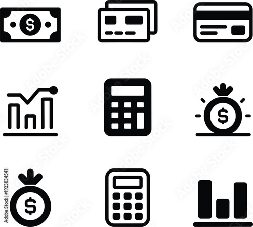 Finance Payment Business Icon Set Featuring Money Bag Credit Card Calculator Analytics Chart Minimal Banking Vector Collection