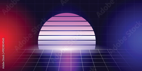 Synthwave Sunrise: A retro-futuristic digital illustration of a stylized sunrise, bathed in neon hues and set against a grid, capturing a sense of nostalgia and technological aesthetics.