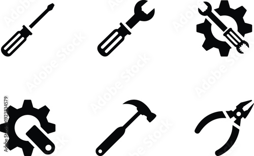 Hand tools silhouette collection featuring screwdriver wrench hammer gear pliers repair maintenance workshop vector icon set