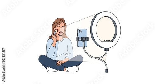 A young woman sits cross-legged on the floor, talking on her phone with a ring light and phone holder nearby, for social media content creation.