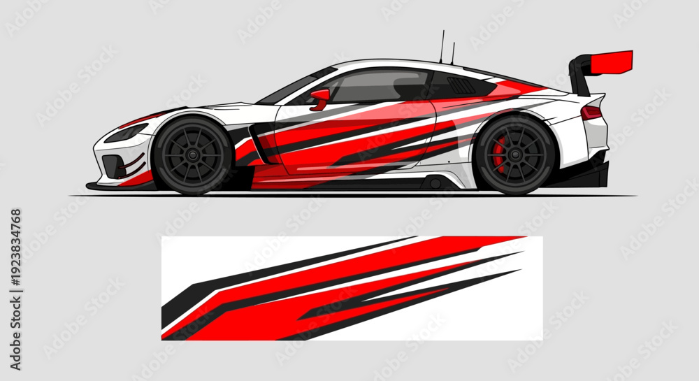 Fototapeta premium Dynamic Red and White Race Car with Graphic Stripes and Sleek Profile.