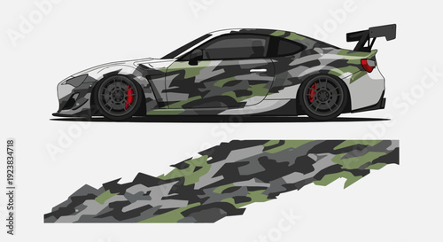 Camouflaged racecar profile with aerodynamic design and rear wing on track.