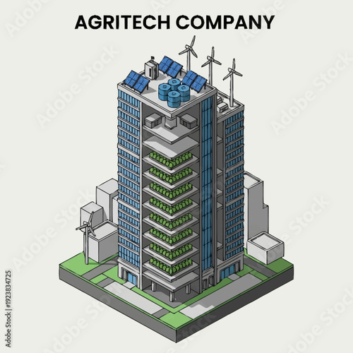 Isometric illustration of a futuristic agritech company building with solar panels and wind turbines.