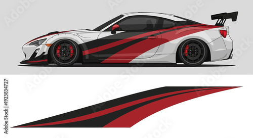 High-performance race car featuring red and black racing livery with white accents and aerodynamic graphics.
