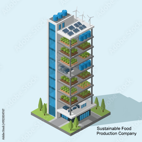 Sustainable vertical farm building with renewable energy and lush greenery.