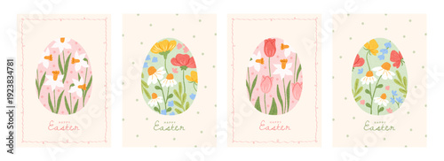 Set of Happy Easter floral greeting card, poster, holiday cover. Trendy design with Easter eggs decorated spring hand drawn flowers, whimsical frames and backgrounds of dots. Vector illustration.