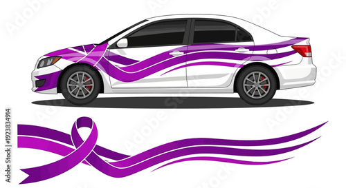 Purple ribbon wrapped car with flowing stripes, a vibrant design concept for awareness and graphic resources.