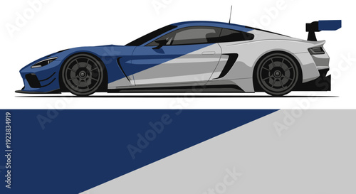 Sleek blue and white high performance sports car with aerodynamic design.