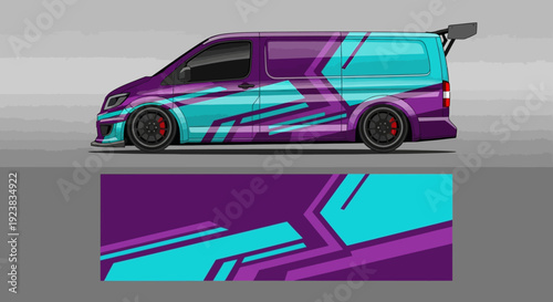 Vibrant graffiti styled van with bold cyan, purple, and teal accents in a dynamic urban design.