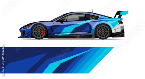 Dynamic blue racecar with bold gradient graphics and aerodynamic styling in motion.