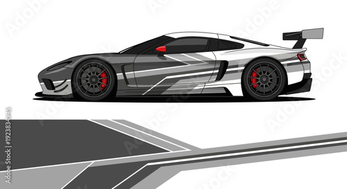 Sleek silver race car with aerodynamic design and bold red accents racing on track.