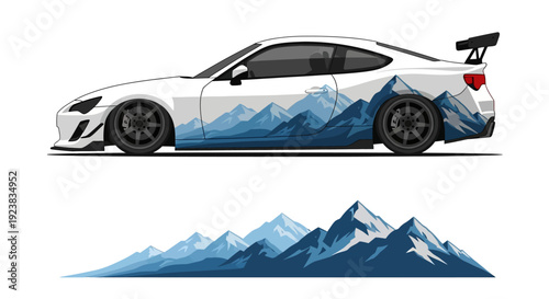 Sporty coupe with blue mountain graphic wrap on side for travel and adventure.