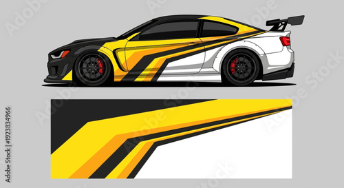 Illustrated sports car with bold yellow and black racing stripes and dynamic aerodynamic profile.