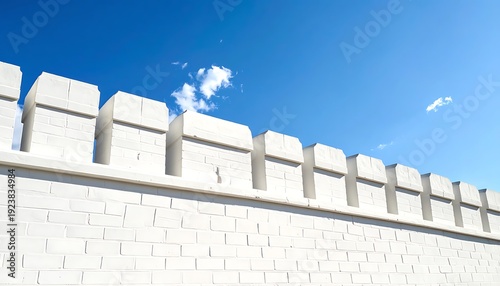 White brick wall topped with square crenellations against a bright blue sky with fluffy white clouds