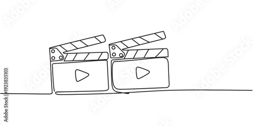 Continuous line drawing of two cinema clapperboards with play icons on a white background. Vector, illustration