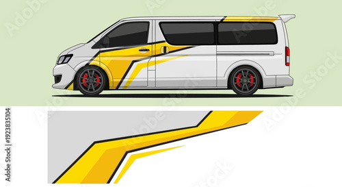 White Minivan with Bold Yellow Graphic Wrap and Modern Stripes.