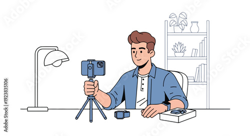 A young man sits at a desk, holding a phone on a tripod while filming a vlogging session with a lamp and books nearby in a simple, line-drawn style.