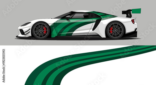 White racing sports car with bold green stripes speeding on a track and road.