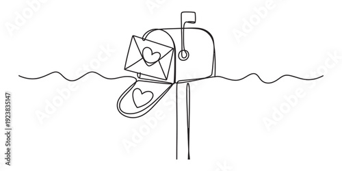 Continuous line drawing of an open mailbox with a love letter and heart symbols. Vector, illustration
