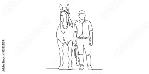 horse, man, equestrian, line, drawing, art, minimalist, continuous, silhouette, animal, person, male, standing, rider, stallion, mare, equine, sketch, outline, illustration, simple, background, white,