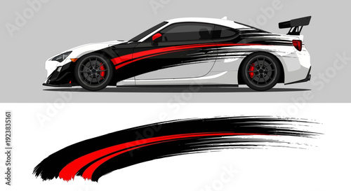 Sleek red and black sports car profile with dynamic brushstroke accents and racing-inspired design elements.