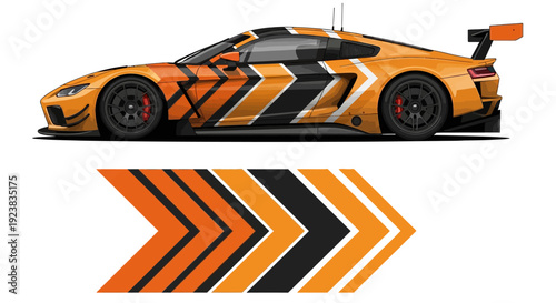 Sleek orange race car with bold black chevron graphics and arrow motif showcasing speed and style.
