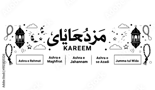 Ramadan Kareem Urdu Calligraphy Banner with Ashra e Rehmat Maghfirat and Jumma tul Wida Lantern Vector