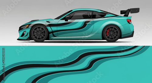 Sleek turquoise sports coupe with flowing teal lines and futuristic styling against an abstract background.