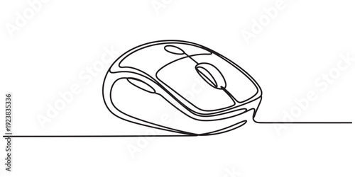 Continuous line drawing of a modern wireless computer mouse for office and gaming. Vector, illustration