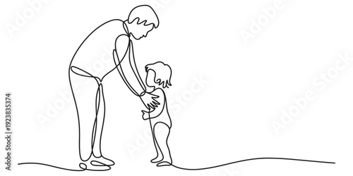 Continuous line drawing of a father bending down to hold his toddler's hands in a tender moment Vector, illustration
