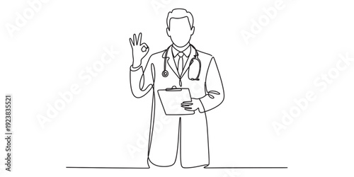 A continuous line drawing of a male doctor in a lab coat holding a clipboard and showing an okay sign Vector, illustration