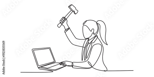 Continuous line drawing of a frustrated woman about to smash her laptop with a hammer. Vector, illustration