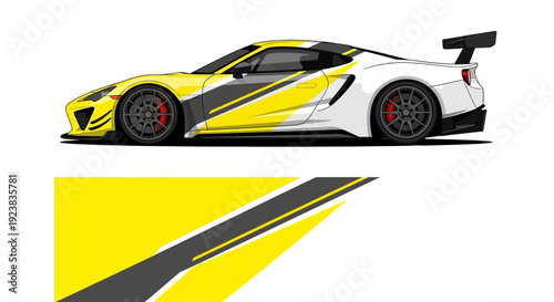 High-contrast yellow and black sports car with aerodynamic design and spoiler in profile view.