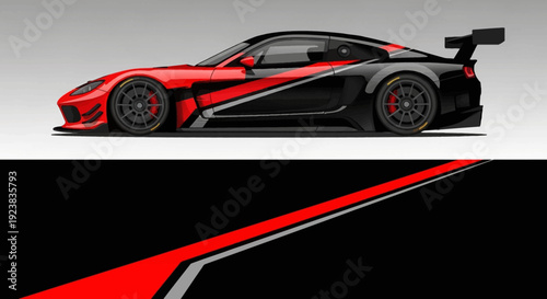 Red and black supercar on a race track showcasing aggressive design, glossy finish, and carbon accents.