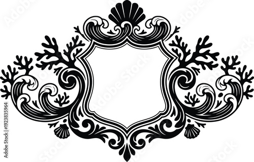 Nautical vintage shield frame with ornate shell and coral flourishes black vector silhouette for sea themed crest labels branding invitations stationary and classic designs.