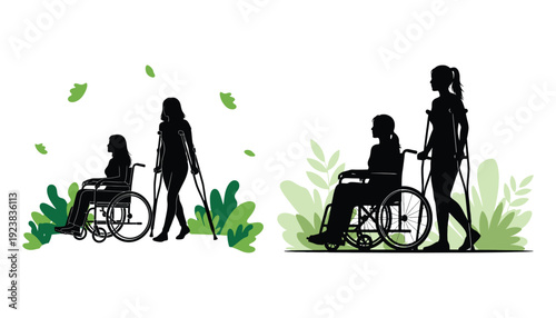 Disabled woman silhouette with mobility aid vector