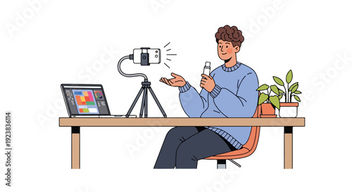 A man sits at a desk with a laptop and camera on a tripod, holding a product while filming a vlogging session with a cheerful expression.